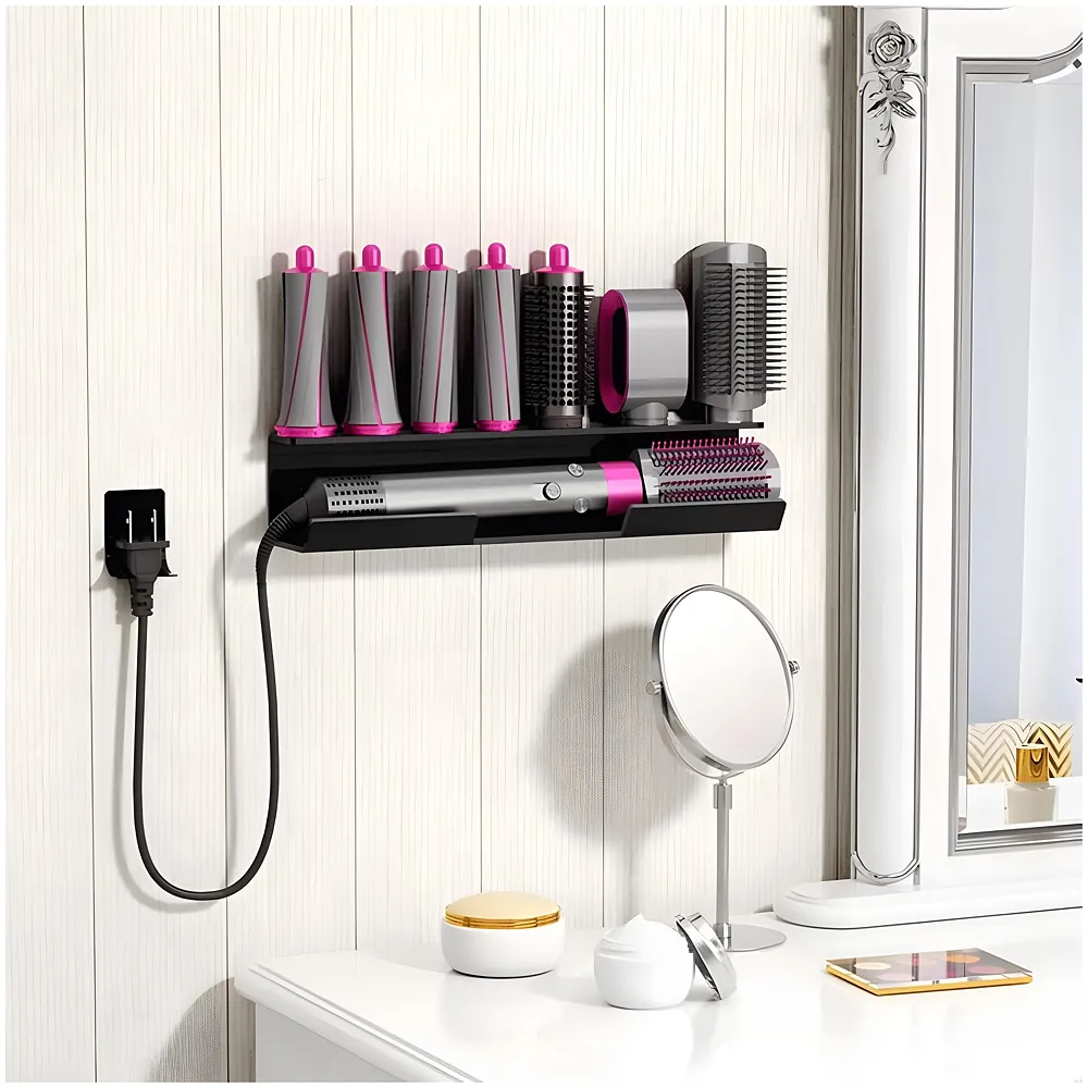 Hair Dryer Holder Compatible with Dyson Airwrap Accessories Holder Wall mount. 7 Slot silicone Holder Counter Top for Homes And Salons. Carbon Steel – 15.4 x 4.3 x 3.9 Inch, Black