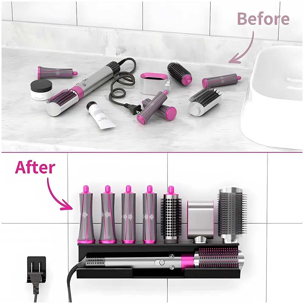 Hair Dryer Holder Compatible with Dyson Airwrap Accessories Holder Wall mount. 7 Slot silicone Holder Counter Top for Homes And Salons. Carbon Steel – 15.4 x 4.3 x 3.9 Inch, Black