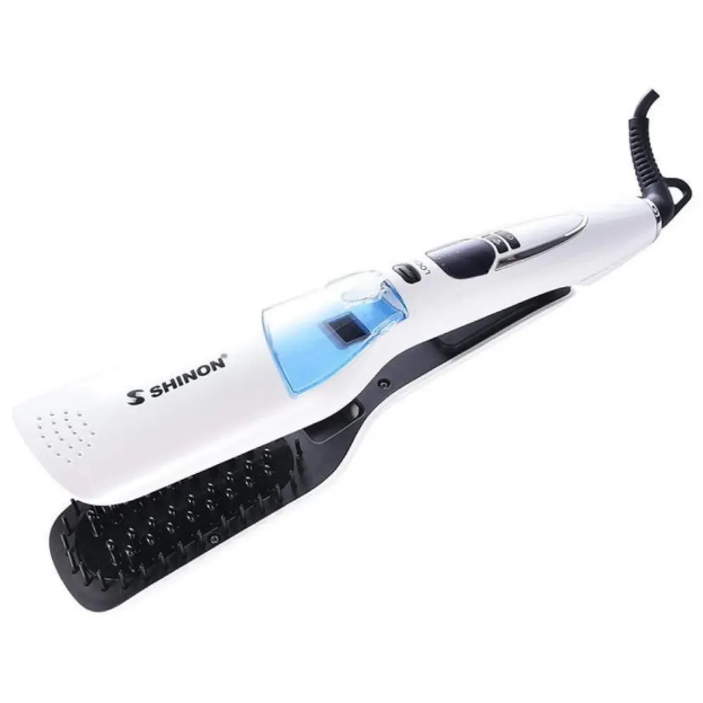 Professional Hair Salon Styling Hair Straightener Brush Heated Hair Brush Straightener Steam Vapor With LCD Screen (White)