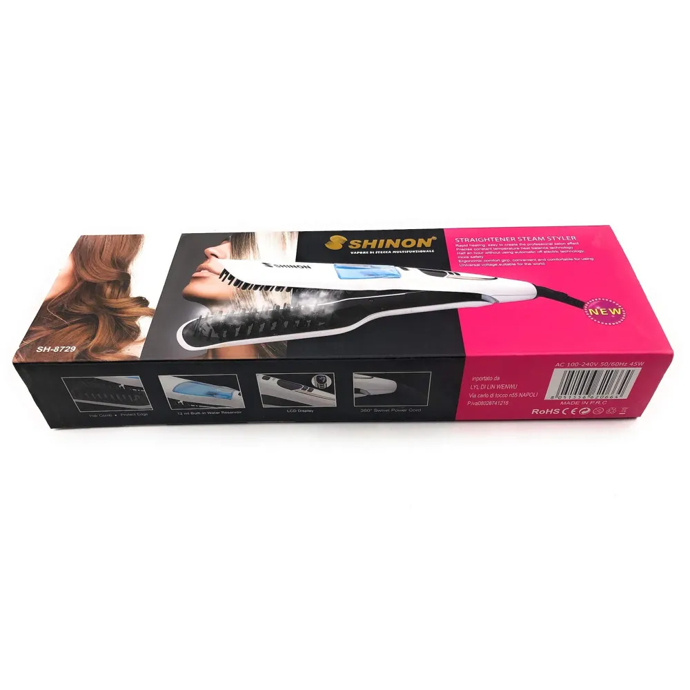 Professional Hair Salon Styling Hair Straightener Brush Heated Hair Brush Straightener Steam Vapor With LCD Screen (White)