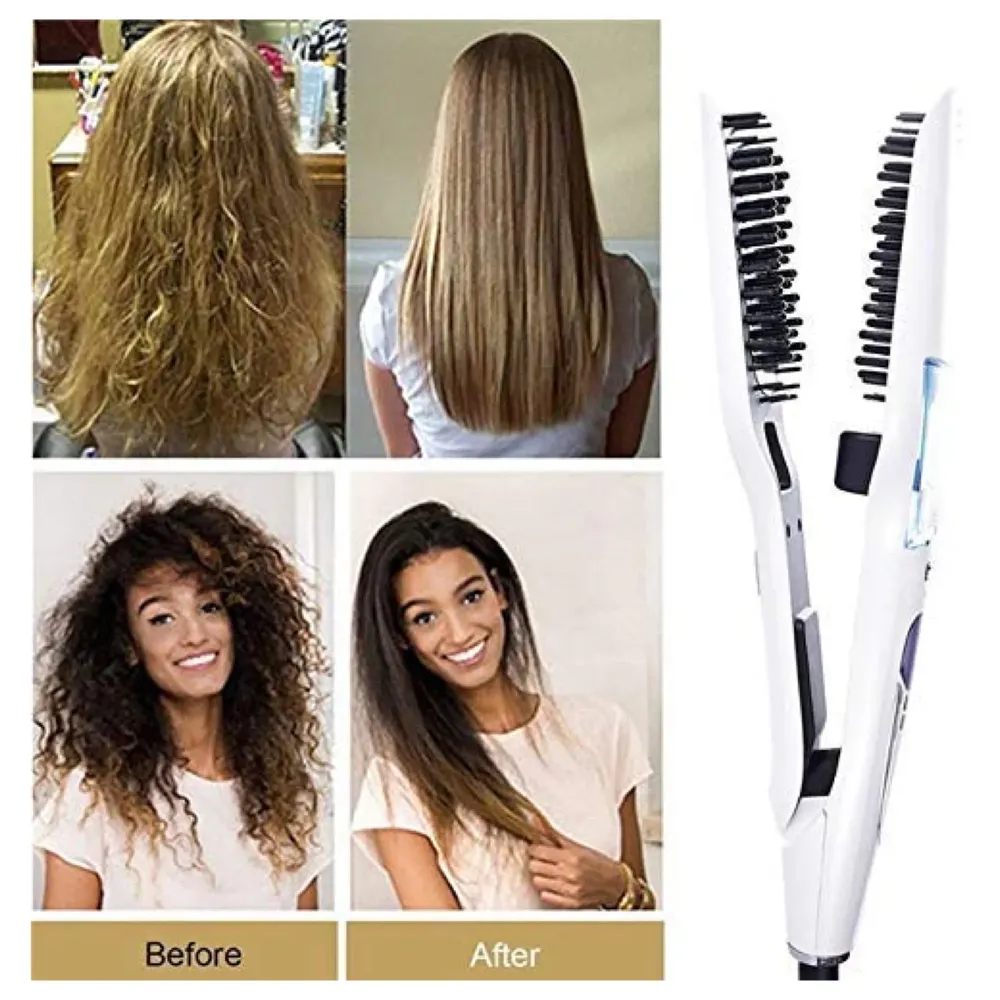 Professional Hair Salon Styling Hair Straightener Brush Heated Hair Brush Straightener Steam Vapor With LCD Screen (White)