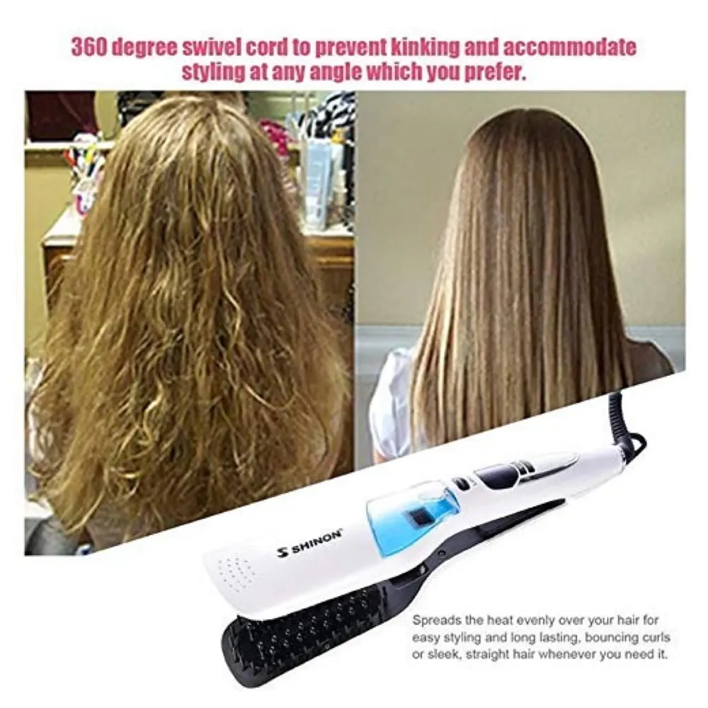 Professional Hair Salon Styling Hair Straightener Brush Heated Hair Brush Straightener Steam Vapor With LCD Screen (White)