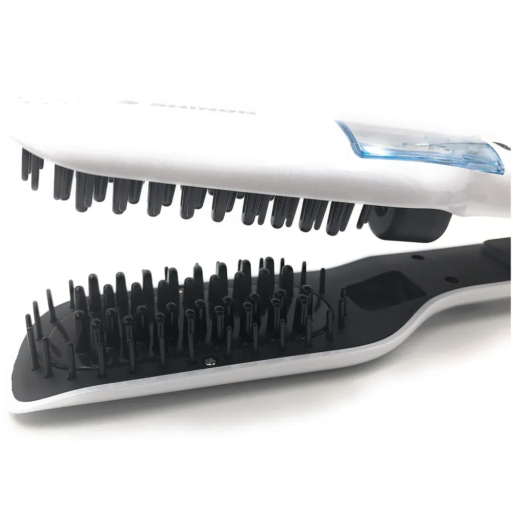 Professional Hair Salon Styling Hair Straightener Brush Heated Hair Brush Straightener Steam Vapor With LCD Screen (White)