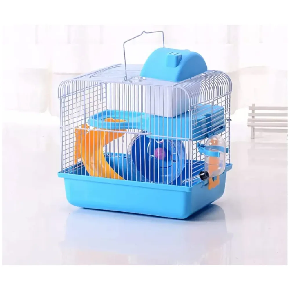 Hamster Habitat,Pet House Portable Small Pets 2 Floors, Mice with a Food Cup, Water Bottle and Exercise Wheel (Blue)