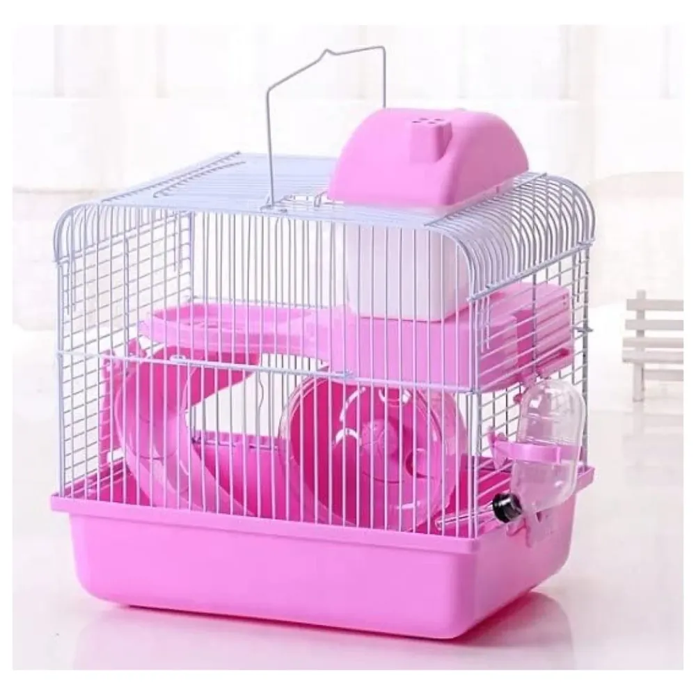 Hamster Habitat Pet House Portable Small Pets 2 Floors, Mice with a Food Cup, Water Bottle and Exercise Wheel Pink Colour