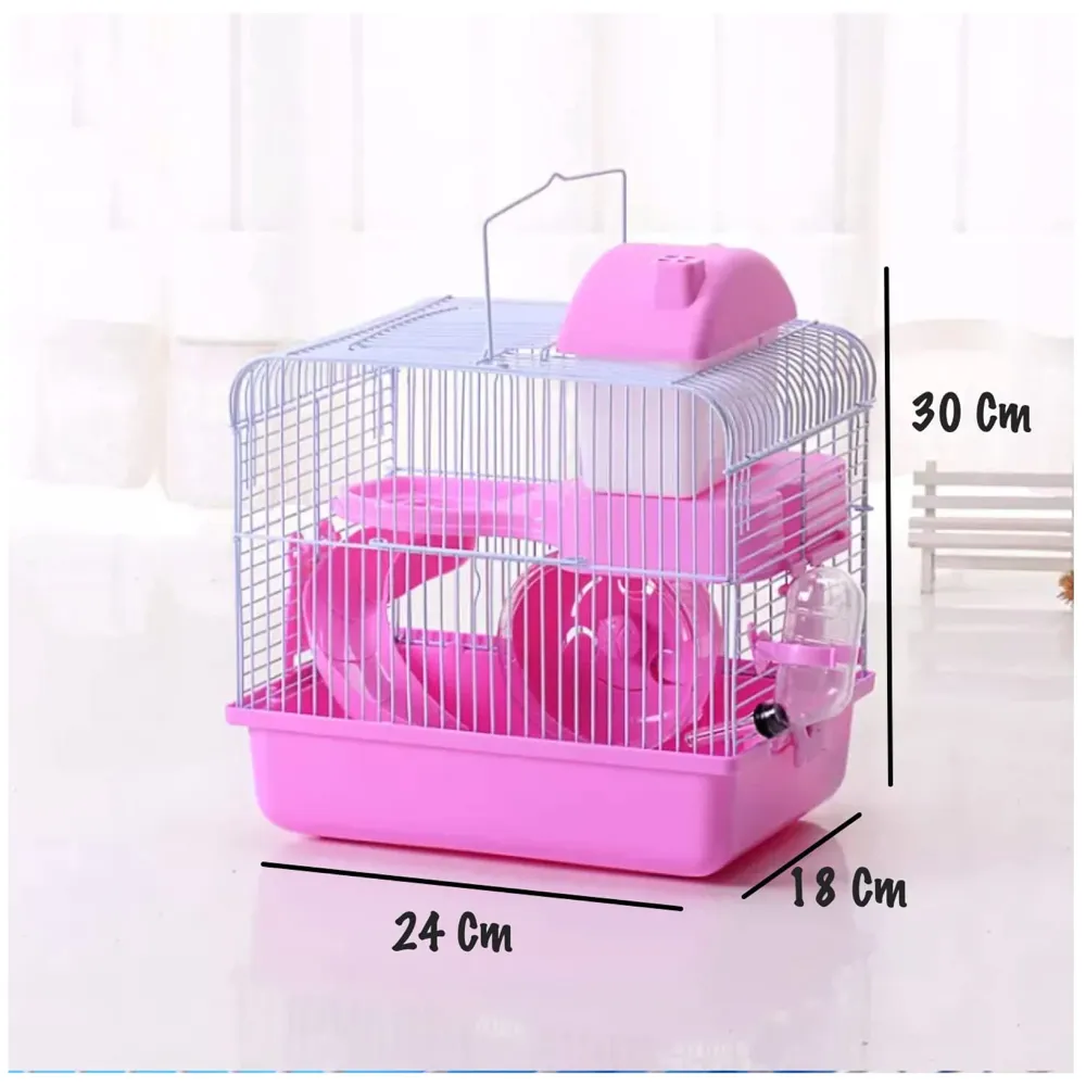 Hamster Cage, Hamster Habitat Pet House Portable Small Pets 2 Floors, Mice with a Food Cup, Water Bottle and Exercise Wheel Pink Colour