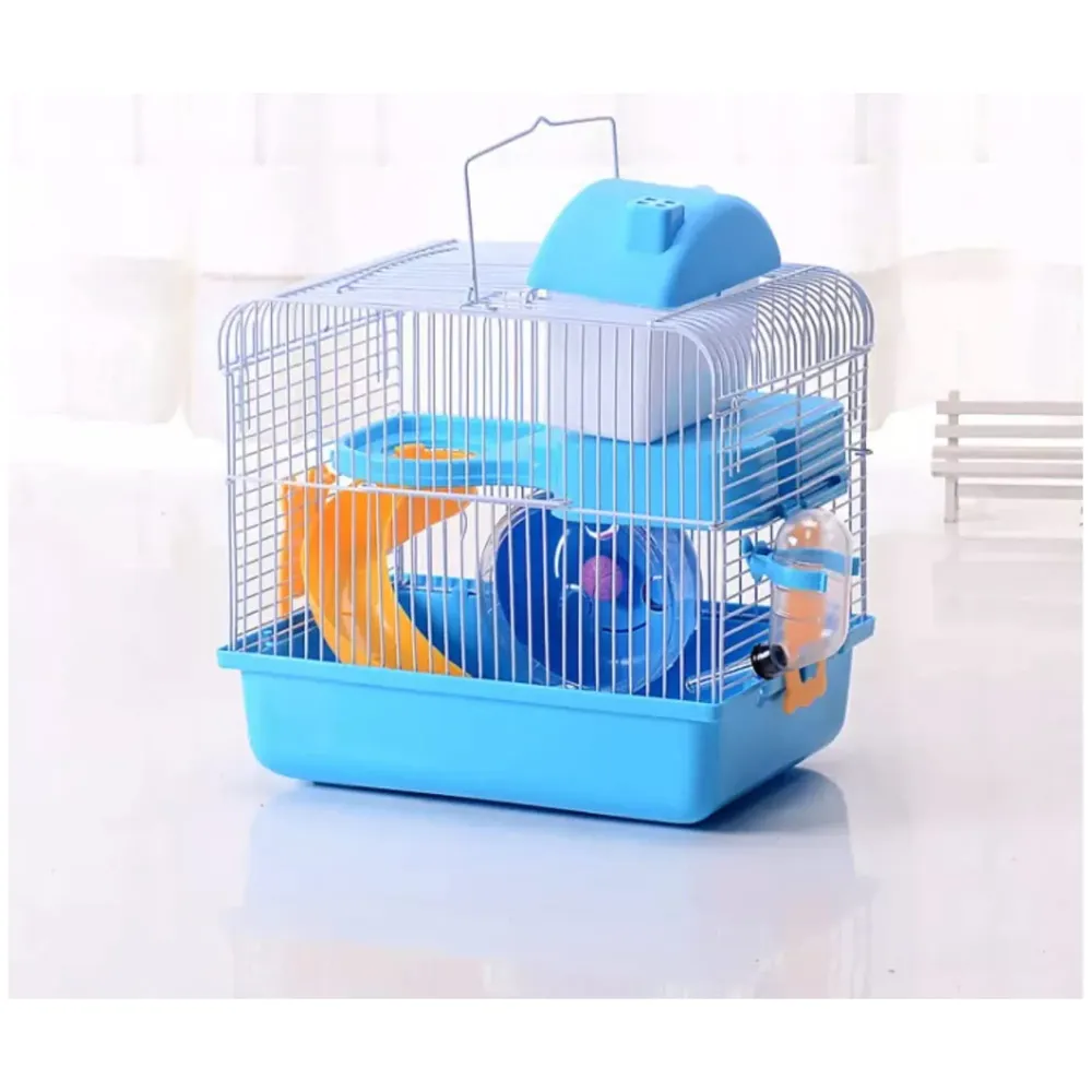 Hamster Habitat, Hamster Cage, Pet House Portable Small Pets 2 Floors, Mice with a Food Cup, Water Bottle and Exercise Wheel (Blue)