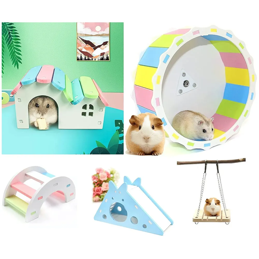 Hamster Set 5 in 1 Essential Toys, Silent, Hamster House Habitat Exercise Wheel, Non Slip Spinner Hamster Cage Accessories for Hamster Gerbils Rat Mice Small Pets