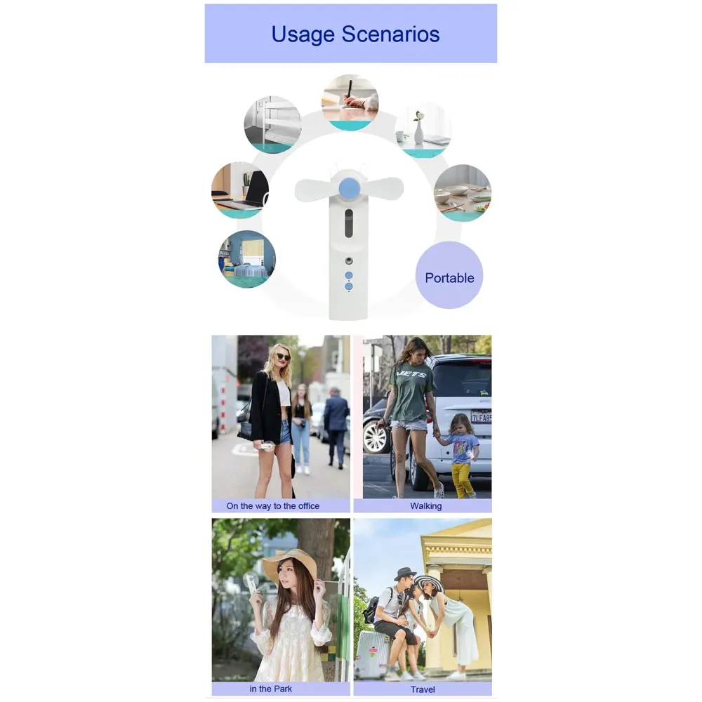 Hand Mist Fan With Water Spray - Handheld Desk Fan With 30 ML Portable Water Tank - 14.5 Cm x 3.5 Cm