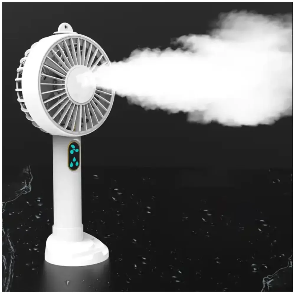 Hand mist fan water fan Handheld Spray Fan With Water Misting Desk Fan with 3 Speeds & 55 ML Portable Water Tank With LED Light And Stand Mobile Holder – 21 Cm x 10 Cm