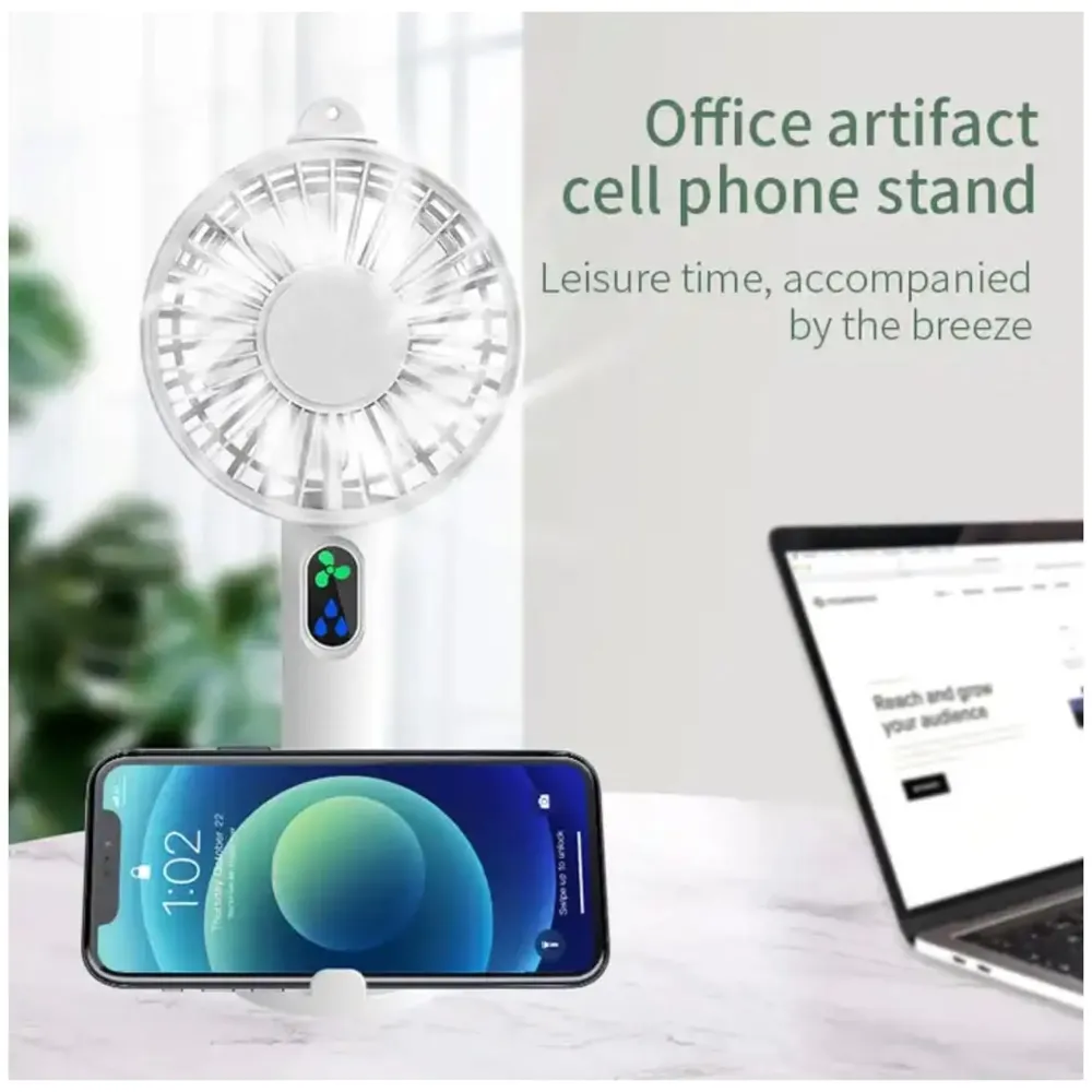 Hand mist fan water fan Handheld Spray Fan With Water Misting Desk Fan with 3 Speeds & 55 ML Portable Water Tank With LED Light And Stand Mobile Holder – 21 Cm x 10 Cm