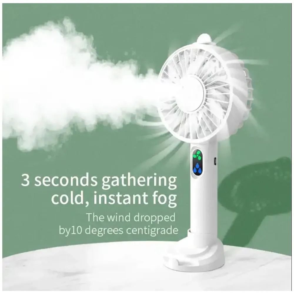 Hand mist fan water fan Handheld Spray Fan With Water Misting Desk Fan with 3 Speeds & 55 ML Portable Water Tank With LED Light And Stand Mobile Holder – 21 Cm x 10 Cm