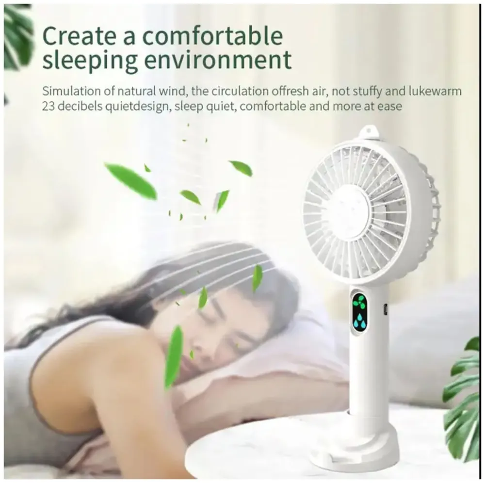 Hand mist fan water fan Handheld Spray Fan With Water Misting Desk Fan with 3 Speeds & 55 ML Portable Water Tank With LED Light And Stand Mobile Holder – 21 Cm x 10 Cm