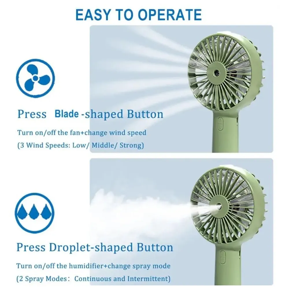 Hand mist fan water fan Handheld Spray Fan With Water Misting Desk Fan with 3 Speeds & 55 ML Portable Water Tank With LED Light And Stand Mobile Holder – 21 Cm x 10 Cm