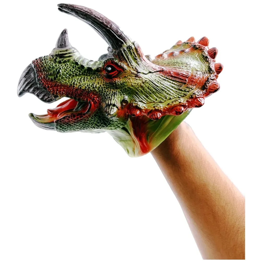 Triceratops Dinosaur Hand Puppet Brown Toys, Soft Rubber Realistic Raptor Dinosaur Head