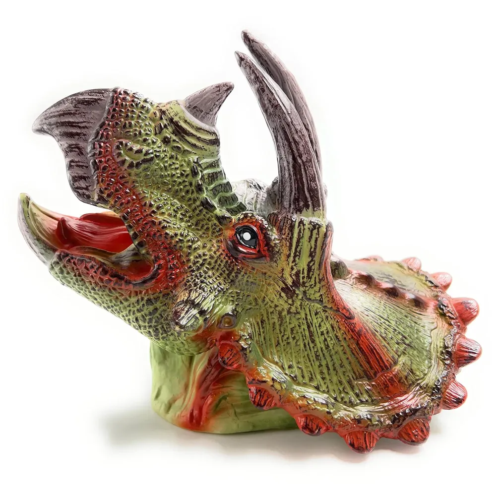 Triceratops Dinosaur Hand Puppet Brown Toys, Soft Rubber Realistic Raptor Dinosaur Head - 2