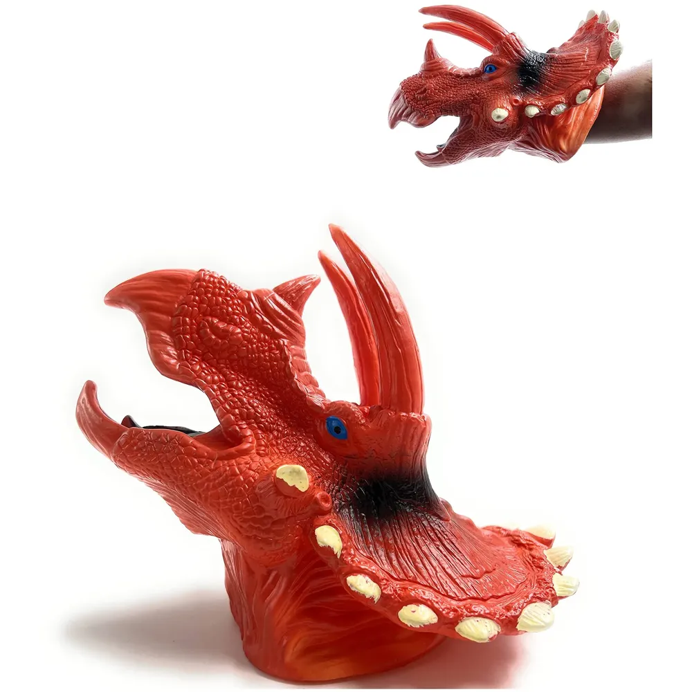 Red Dinosaur Hand Puppet Brown Triceratops Toys, Soft Rubber Realistic Raptor Dinosaur Head
