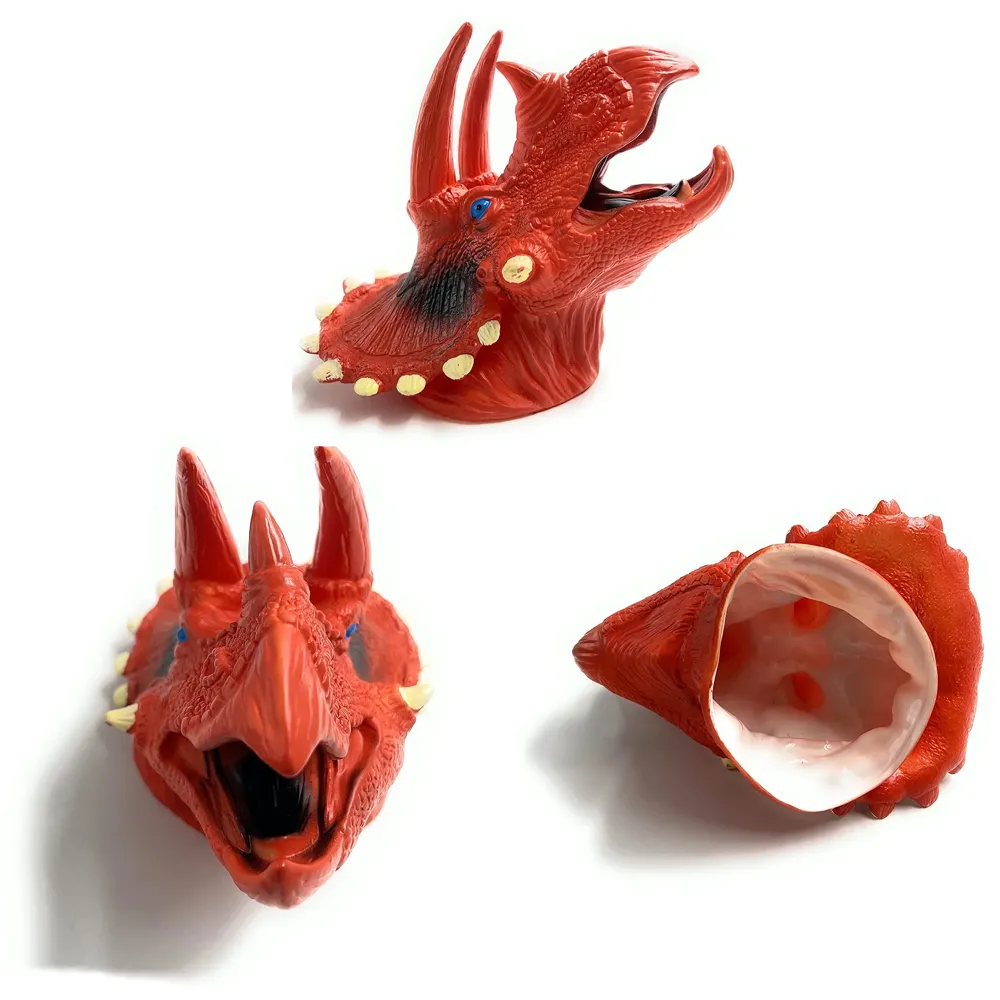 Red Dinosaur Hand Puppet Brown Triceratops Toys, Soft Rubber Realistic Raptor Dinosaur Head