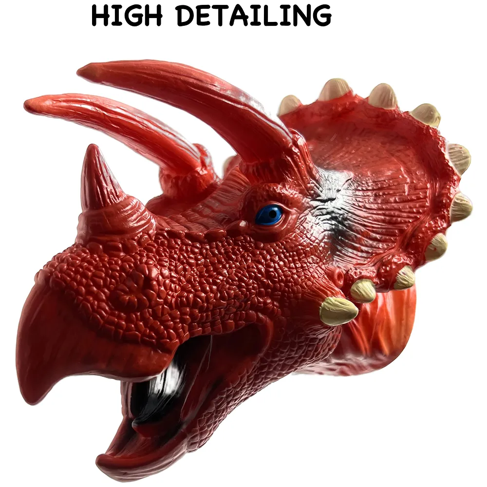 Red Dinosaur Hand Puppet Brown Triceratops Toys, Soft Rubber Realistic Raptor Dinosaur Head Premium