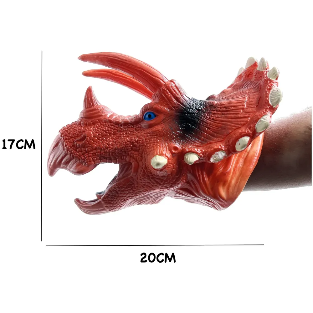 Red Dinosaur Hand Puppet Brown Triceratops Toys, Soft Rubber Realistic Raptor Dinosaur Head