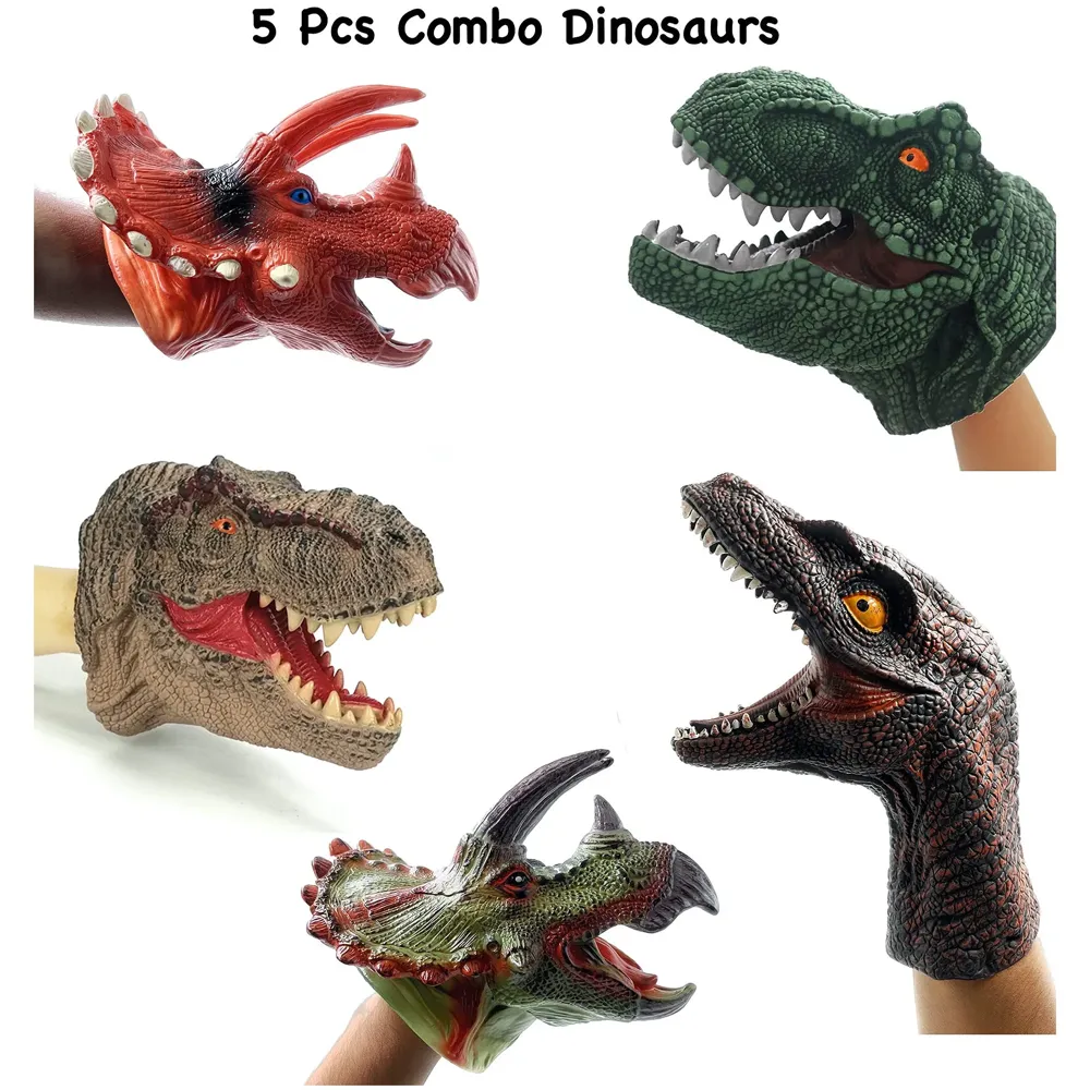 5 Pcs Ultra Combo Hand Puppet Dinosaurs Hand Puppet Toys, Soft Rubber Realistic Raptor Dinosaur Head