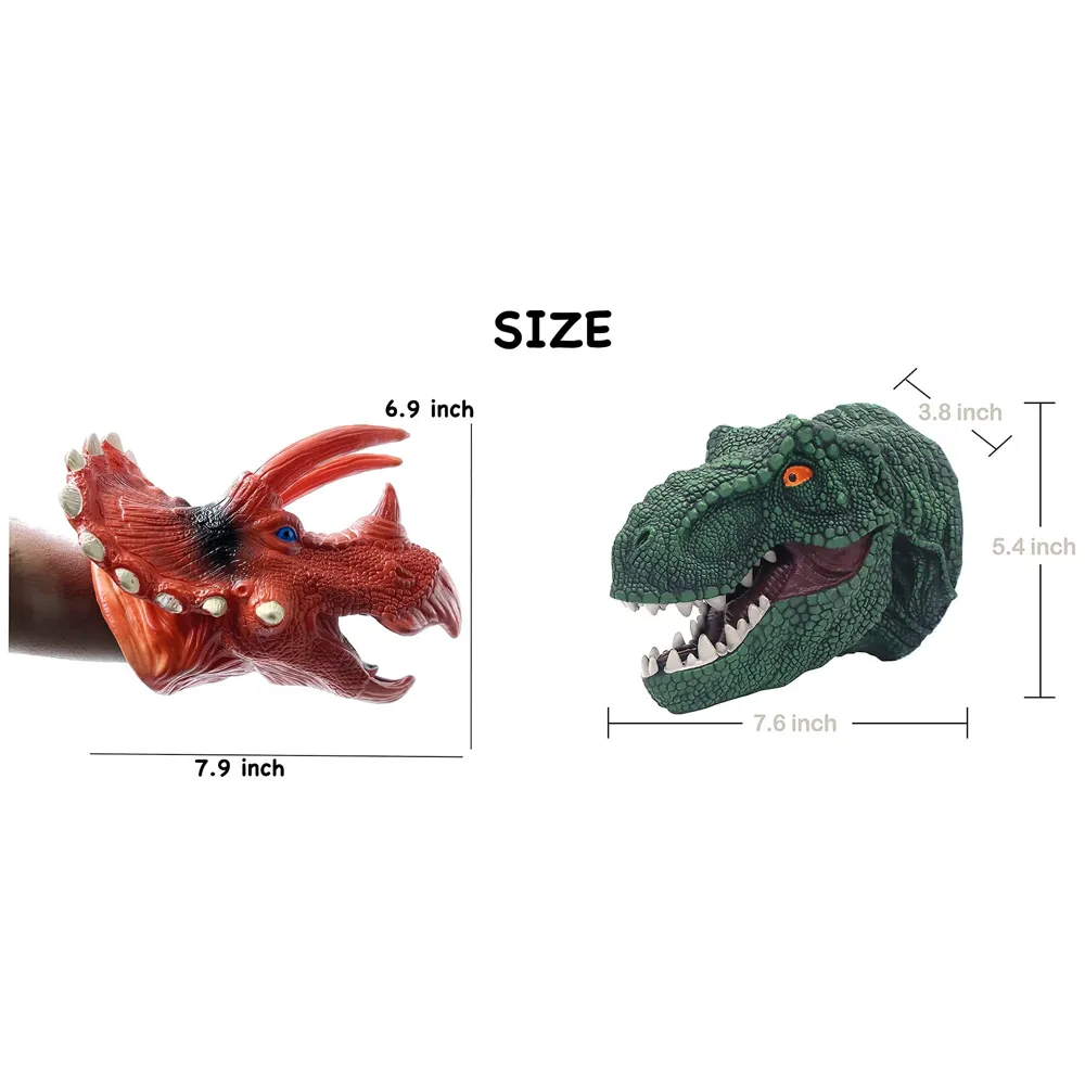 2 Pc Combo Hand Puppet Dinosaurs Hand Puppet Red Triceratops and Green T-Rex Toys, Soft Rubber Realistic Raptor Dinosaur Head