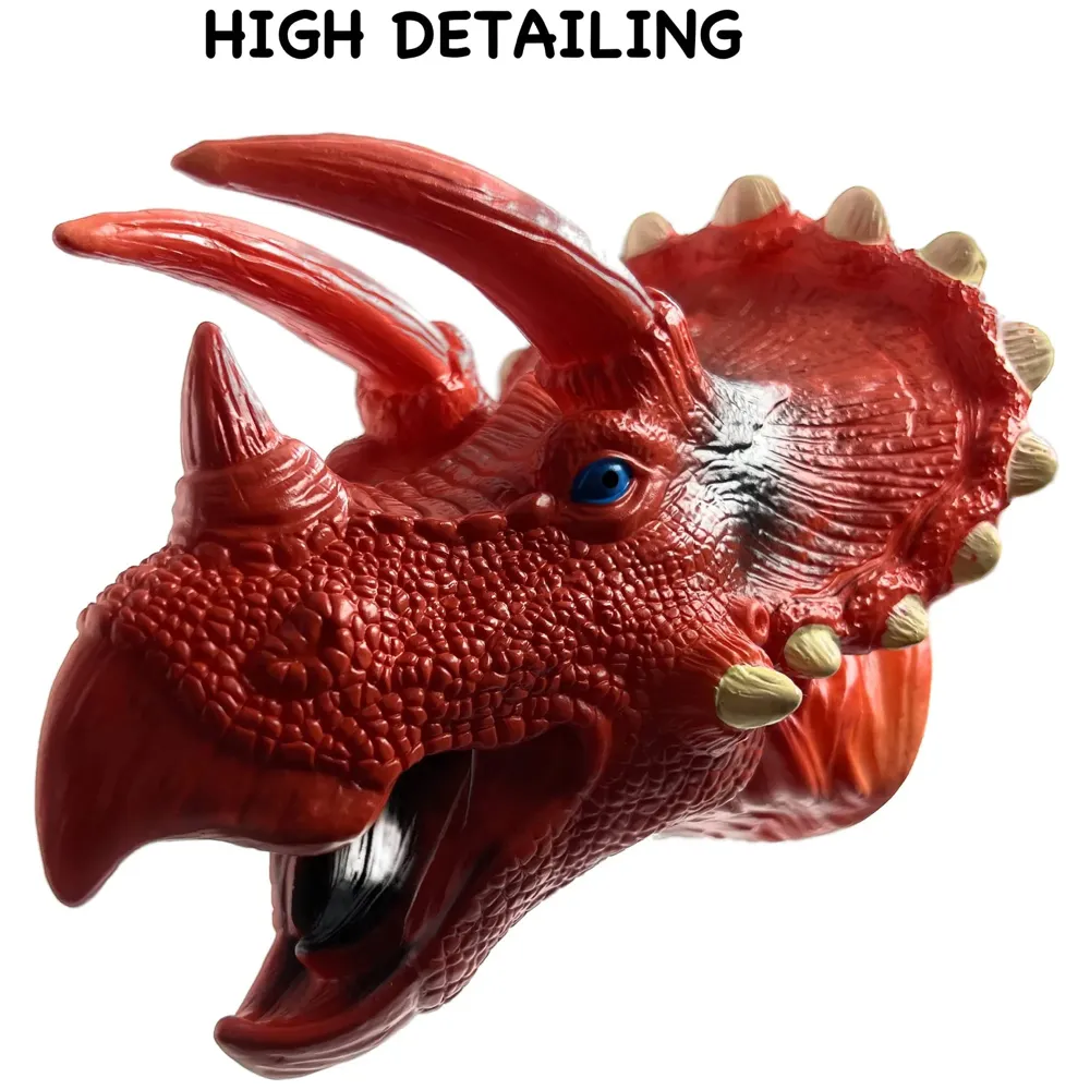 2 Pc Combo Hand Puppet Dinosaurs Hand Puppet Red Triceratops and Green T-Rex Toys, Soft Rubber Realistic Raptor Dinosaur Head