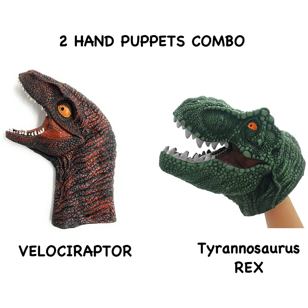 2 Pc Combo Hand Puppet Dinosaurs Hand Puppet Raptor and Green T-Rex Toys, Soft Rubber Realistic Raptor Dinosaur Head