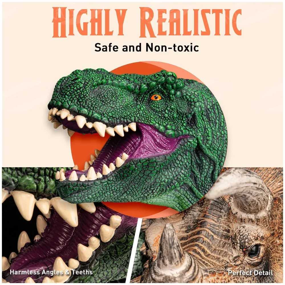 2 Pc Combo Hand Puppet Dinosaurs Hand Puppet Raptor and Green T-Rex Toys, Soft Rubber Realistic Raptor Dinosaur Head