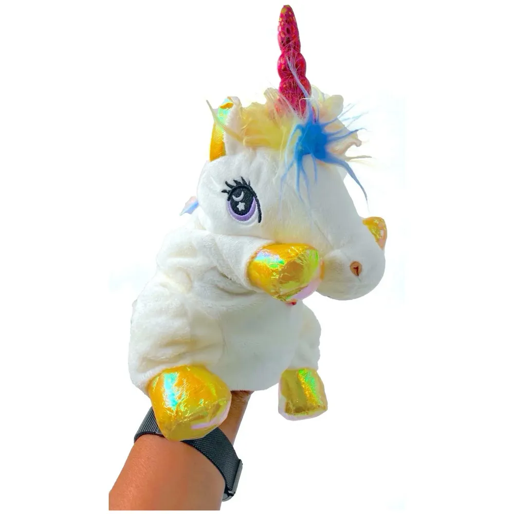 Hand Puppets Jungle Animal Friends with Working Mouth for Imaginative Play, Storytelling, Teaching, Preschool & Role-Play. (Unicorn White)