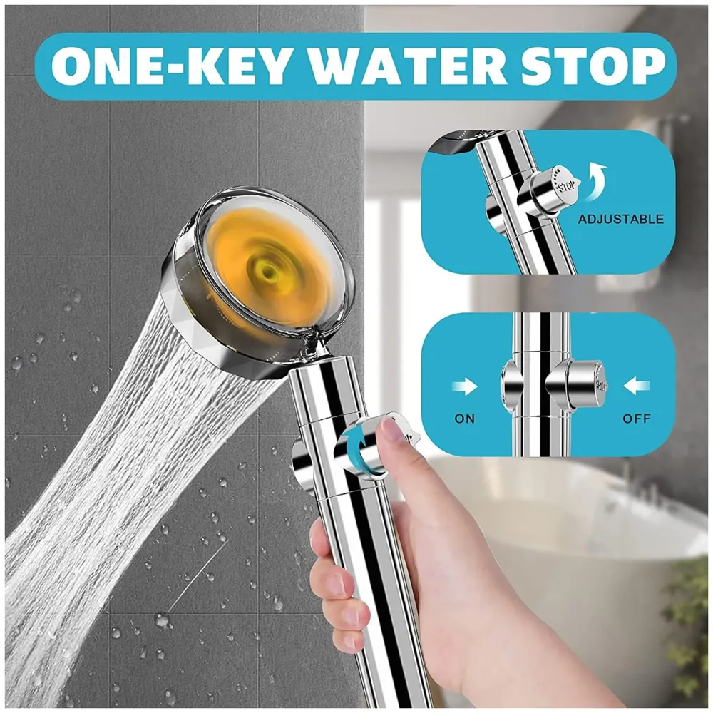 High Pressure Handheld Shower Head with Turbo Fan, 360 Degrees Rotating, Hydro Jet with Hose and Holder - 2