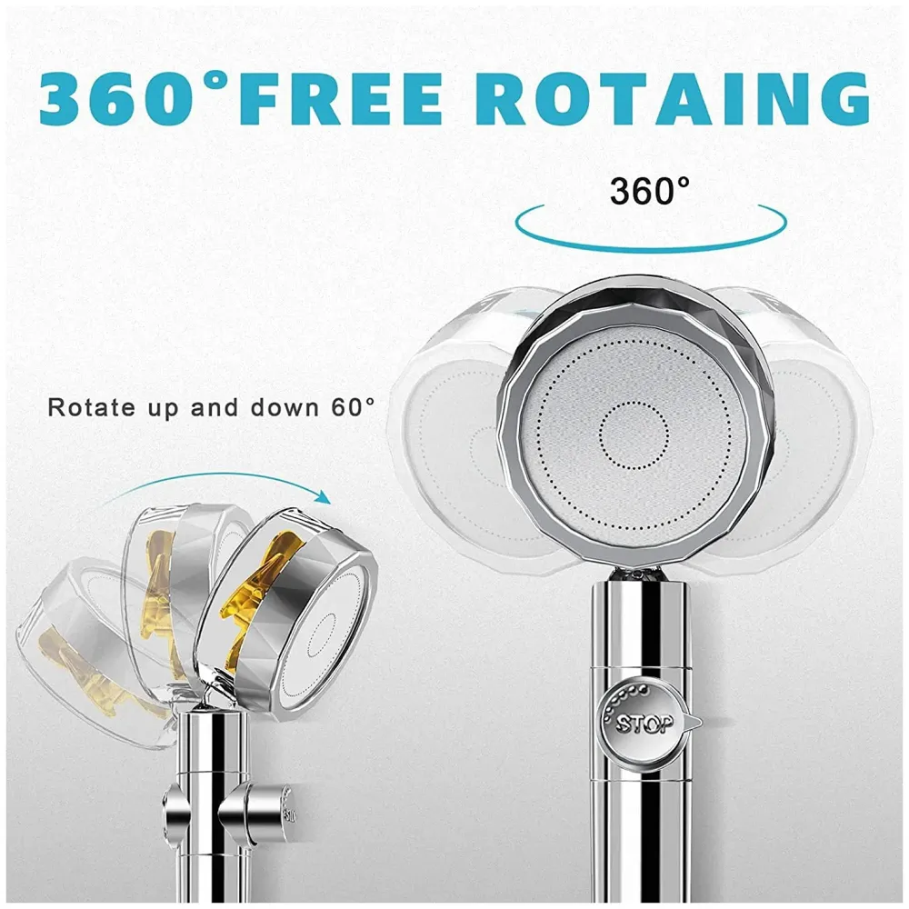 High Pressure Handheld Shower Head with Turbo Fan, 360 Degrees Rotating, Hydro Jet with Hose and Holder - 3