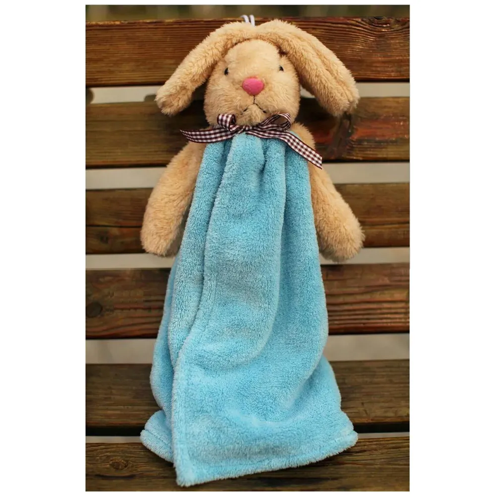 Cute Rabbit, Soft Coral, Velvet Fabric, Cartoon Absorbent, Quick Dry, Lovely Kids Hand Towel (Bunny Blue, 38 x 28 cm)