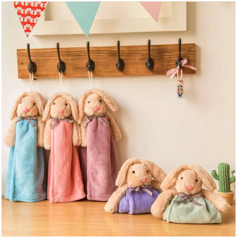 Soft Coral Velvet Cute Rabbit Hand Towel for Kids with Quick Dry for Kitchen Bathroom 38 x 28 cm (15 x 11 Inches) - Bunny Grey