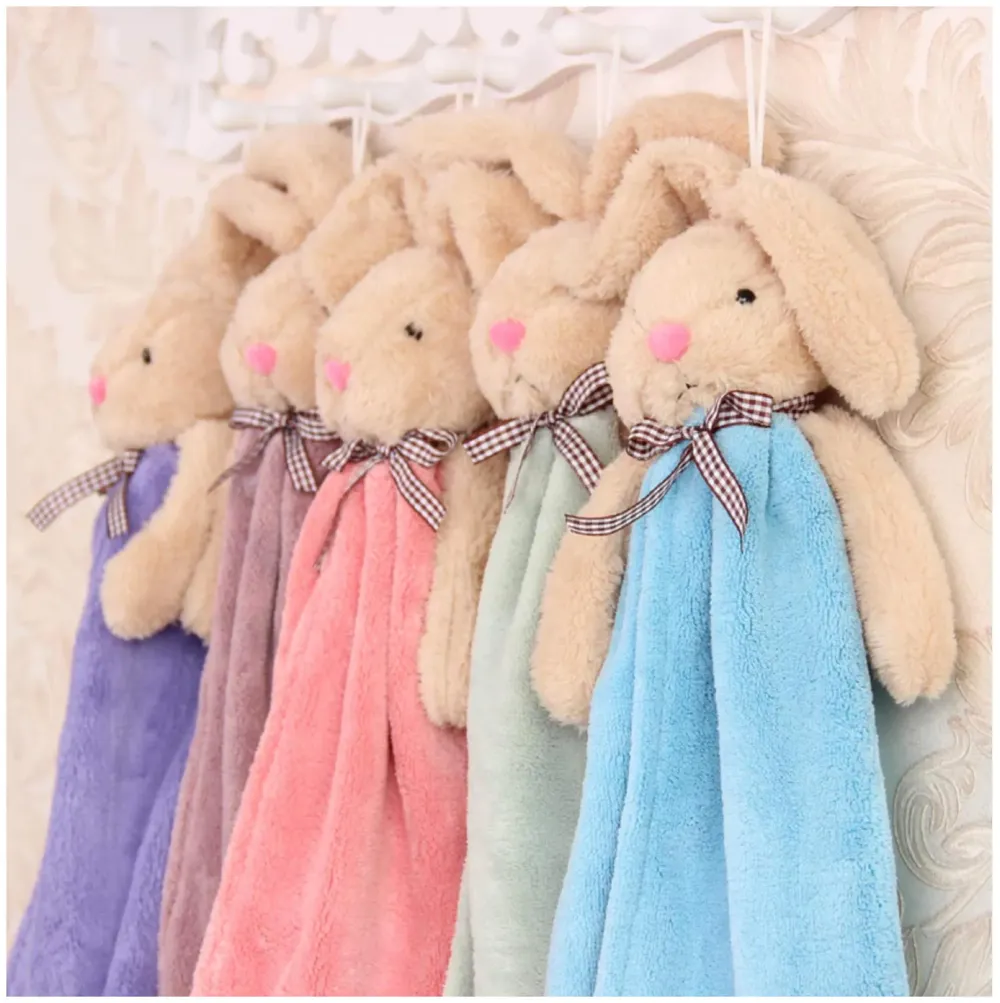 Soft Coral Velvet Cute Rabbit Hand Towel for Kids with Quick Dry for Kitchen Bathroom 38 x 28 cm (15 x 11 Inches) - Bunny Grey
