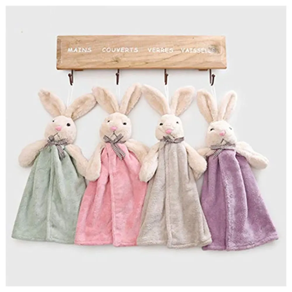 Soft Coral Velvet Cute Rabbit Hand Towel for Kids with Quick Dry for Kitchen Bathroom 38 x 28 cm (15 x 11 Inches) - Bunny Grey