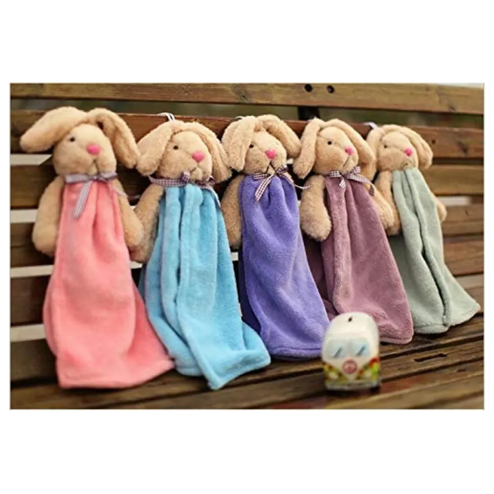 Soft Coral Velvet Cute Rabbit Hand Towel for Kids with Quick Dry for Kitchen Bathroom 38 x 28 cm (15 x 11 Inches) - Bunny Grey