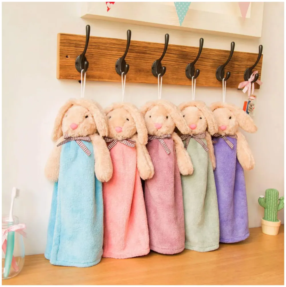 Soft Coral Velvet Cute Rabbit Hand Towel for Kids with Quick Dry for Kitchen Bathroom 38 x 28 cm (15 x 11 Inches) - Bunny Grey