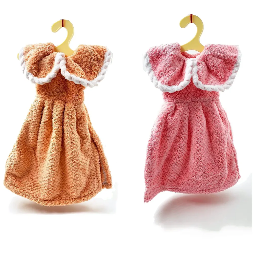 Cute Dress Hand Towel Soft Coral Velvet Kids Children Cartoon Absorbent Quick Dry Towel Lovely Towel for Kitchen Bathroom 38 x 28 cm (15 x 11 Inches) (2 Pc Combo)
