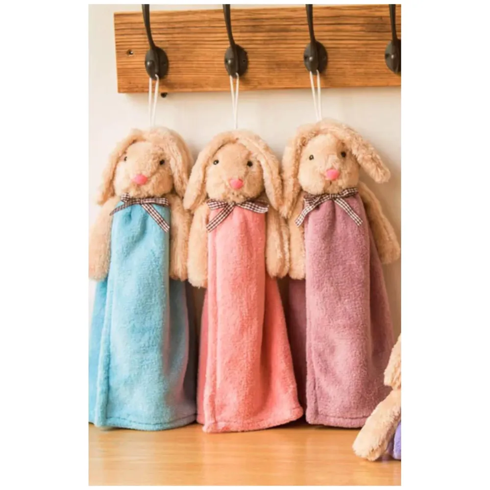 3 Pcs Cute Rabbit Hand Towel Soft Coral Velvet Kids Children Cartoon Absorbent Quick Dry Towel Lovely Towel for Kitchen Bathroom 38 x 28 cm (15 x 11 Inches) (3 Pc Combo)