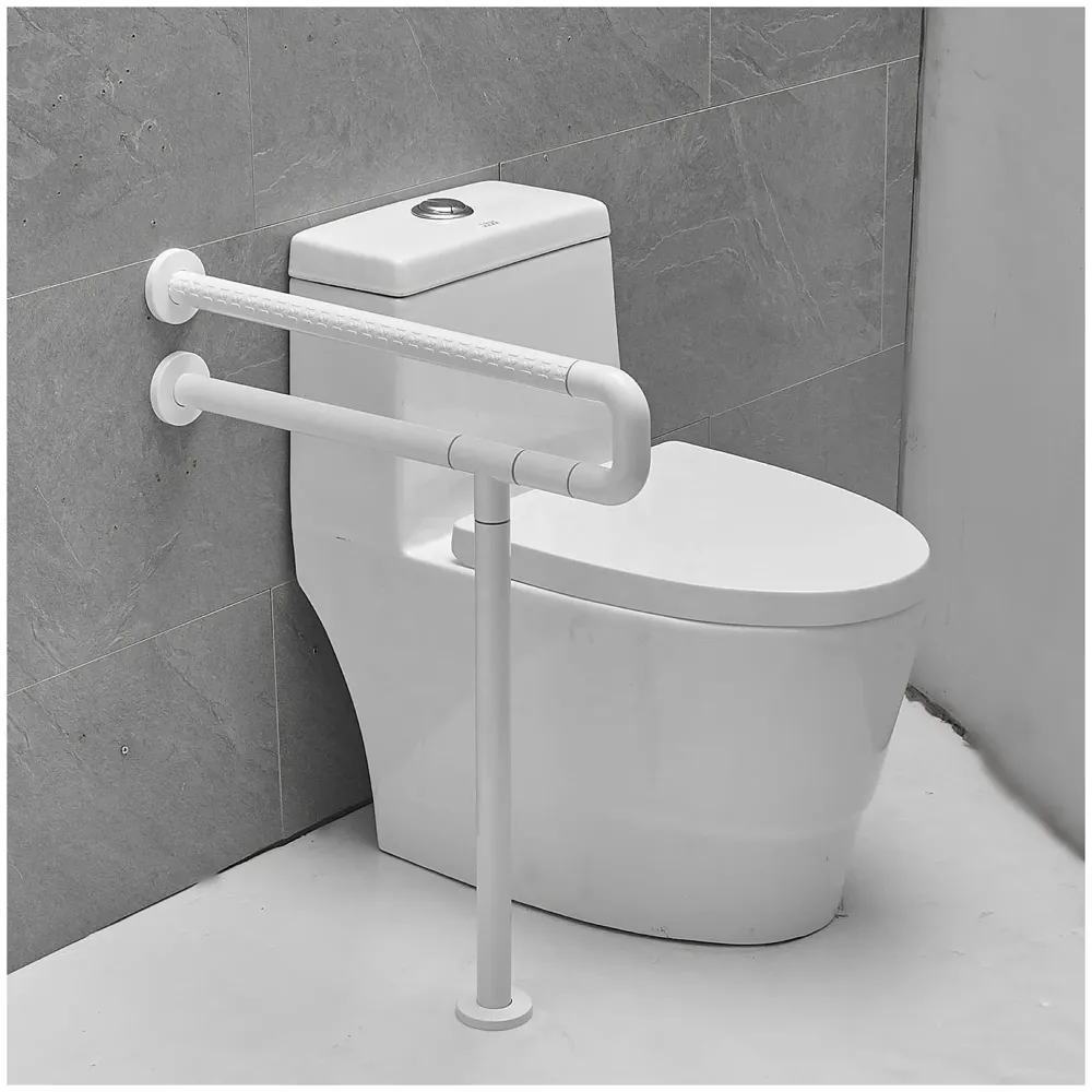 Wall Mounted Stainless Steel Grab Bar Rails with Anti-Slip Nylon Grip & Floor Support- 24 inches | Bathroom Bar for the Elderly, Pregnant Women and Handicap