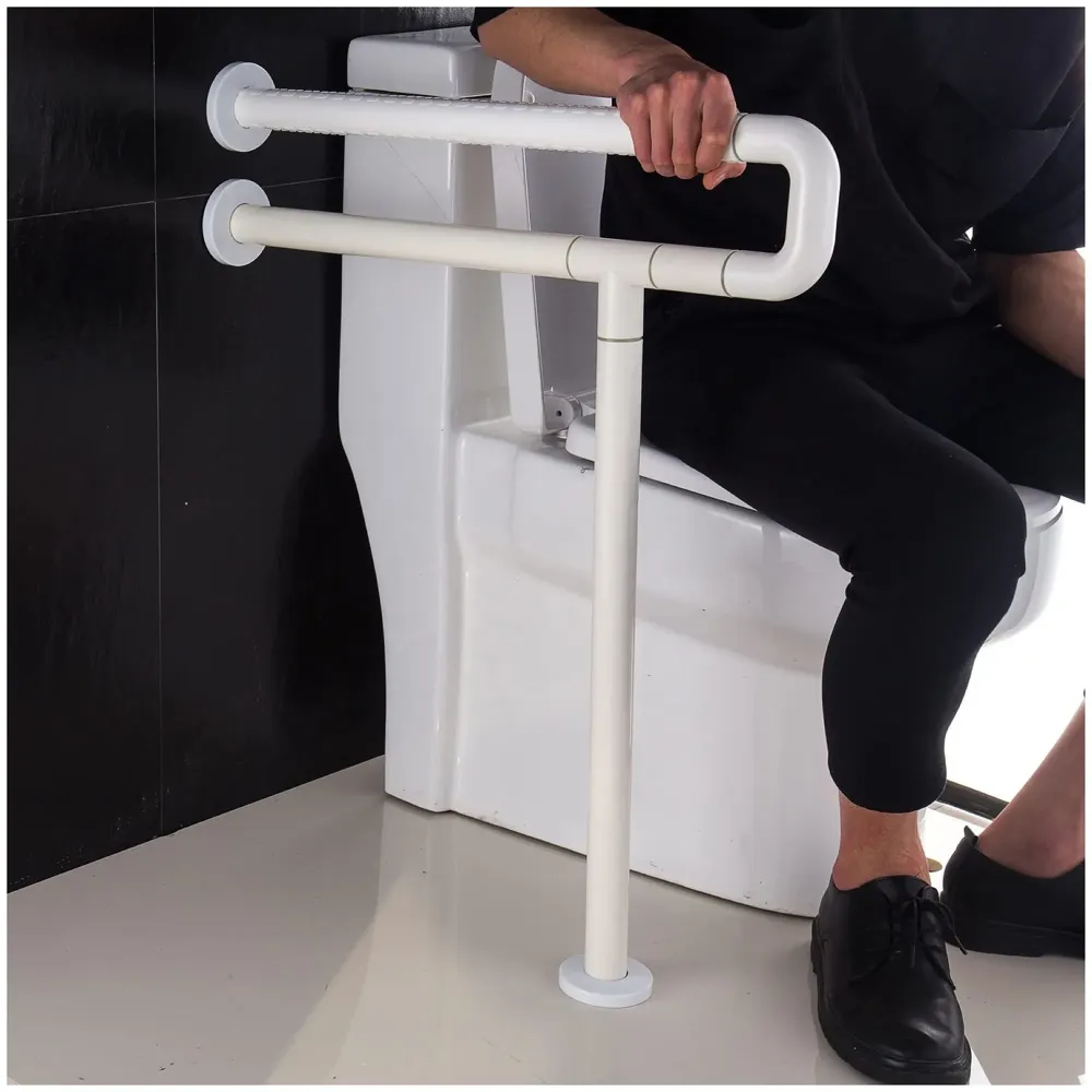 Wall Mounted Stainless Steel Grab Bar Rails with Anti-Slip Nylon Grip & Floor Support- 24 inches | Bathroom Bar for the Elderly, Pregnant Women and Handicap - 2