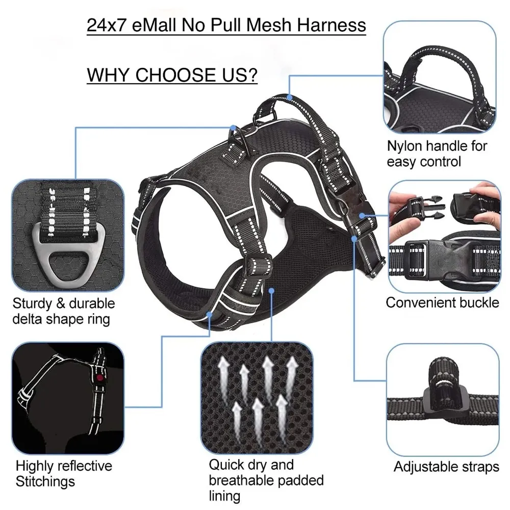 Vest Dog Harness Mesh Breathable Adjustable Reflective Oxford Easy Control Comfortable Harness. (Black, Large (18-26 Inch Girth))
