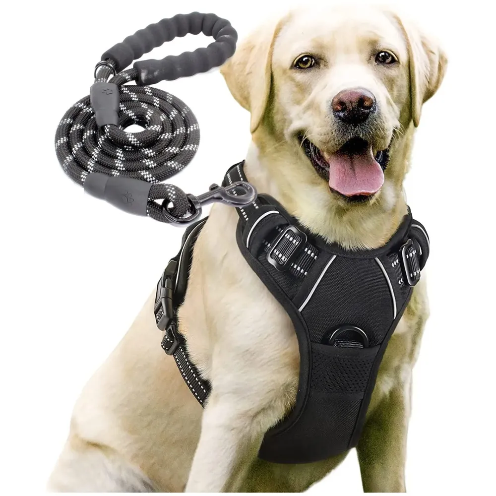 Dog Harness with Leash 5 Feet Mesh Breathable Adjustable Reflective Oxford Easy Control Comfortable. (Black, Large (18-26 Inch Girth))