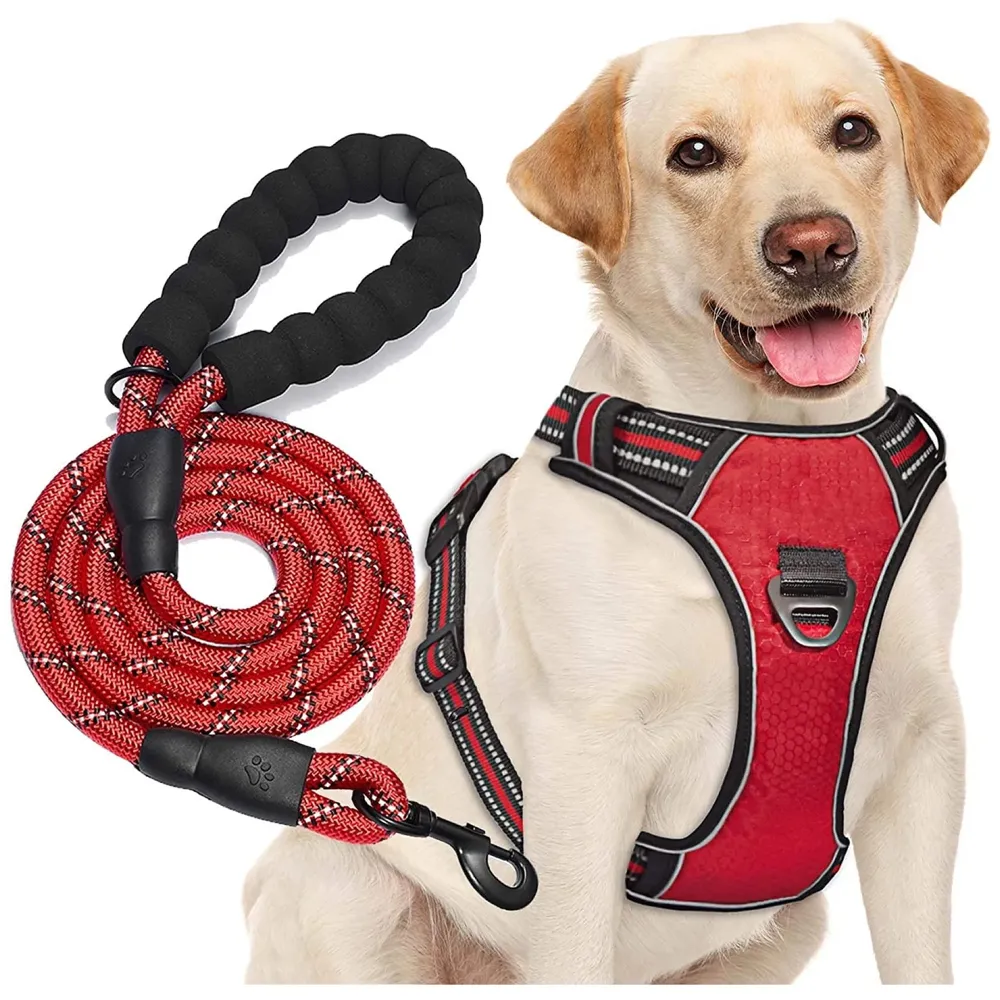 Vest Dog Harness Combo Vest and Leash Breathable Adjustable Dog Body Belt No Pulling No Chock Oxford Fabric for Labradors, Golden Retriever, German Shepherd, RED (Large - 25.5-31 Inch)