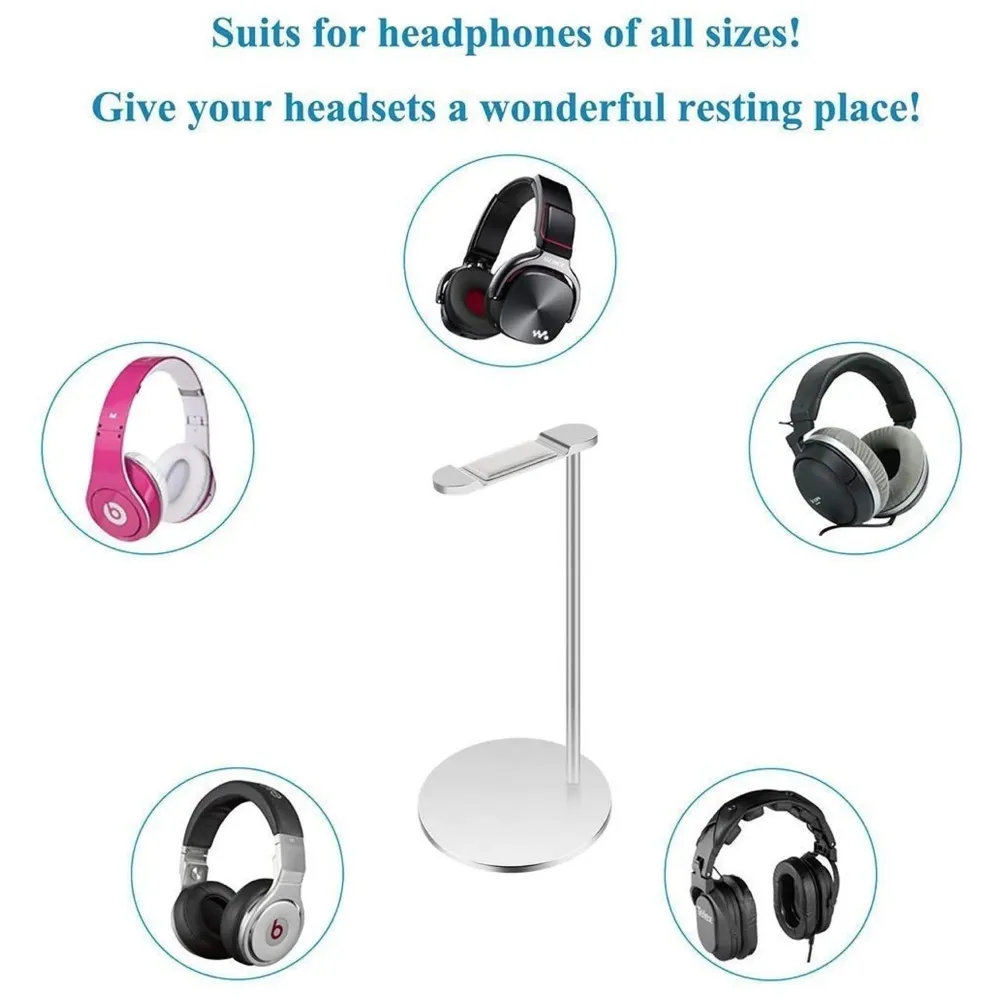 Headphone Stand Headset Holder Earphone Stand with Aluminum Supporting Bar Flexible Headrest ABS Solid Base for All Headphones Size (Round Sliver Padded)