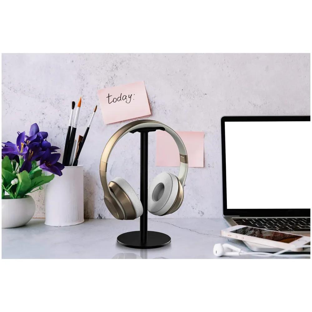 Headphone Stand Headset Holder Earphone Stand with Aluminum Supporting Bar Flexible Headrest ABS Solid Base for All Headphones Size (Round black)