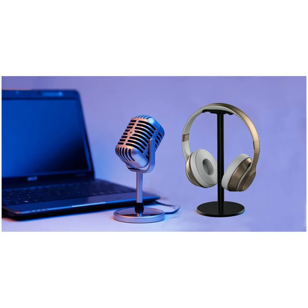 Headphone Stand Headset Holder Earphone Stand with Aluminum Supporting Bar Flexible Headrest ABS Solid Base for All Headphones Size (Round black)