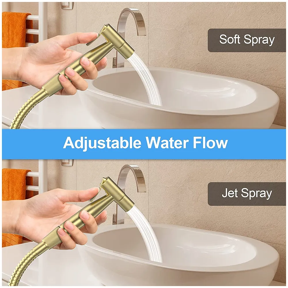 Brass Gold Health Faucet, Heavy Commode Shower, Bidget Golden Faucet with Metal 1.4 Meter Hose Bathroom Complete Set Jet Spray Premium