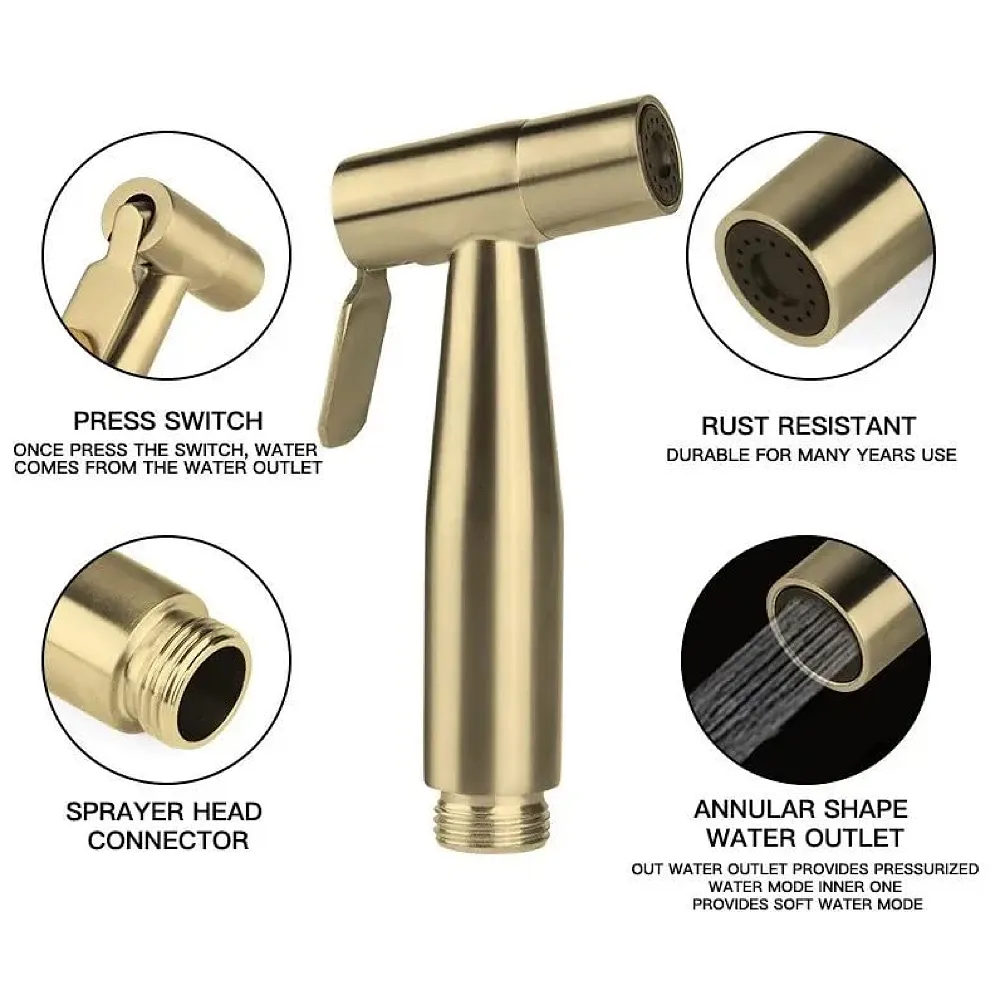 Brass Gold Health Faucet, Heavy Commode Shower, Bidget Golden Faucet with Metal 1.4 Meter Hose Bathroom Complete Set Jet Spray Premium